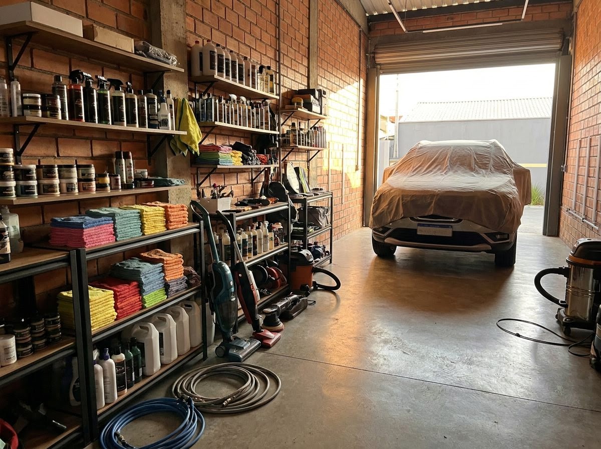 Interior organizado de um box de estética automotiva, com produtos e panos em prateleiras e um carro coberto por capa de proteção ao fundo.