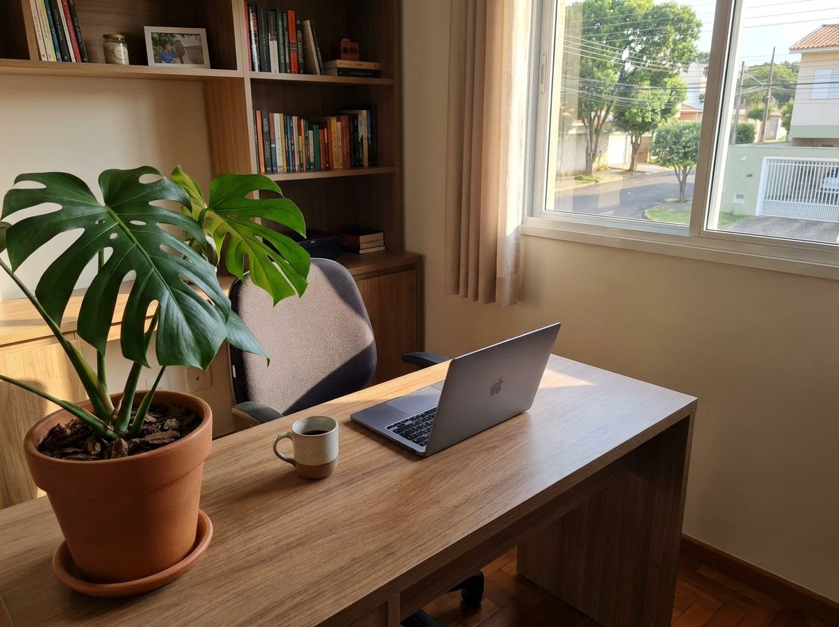 Escritório pequeno e organizado com mesa de trabalho, notebook fechado, uma planta e uma xícara de café, com luz da tarde entrando pela janela lateral.