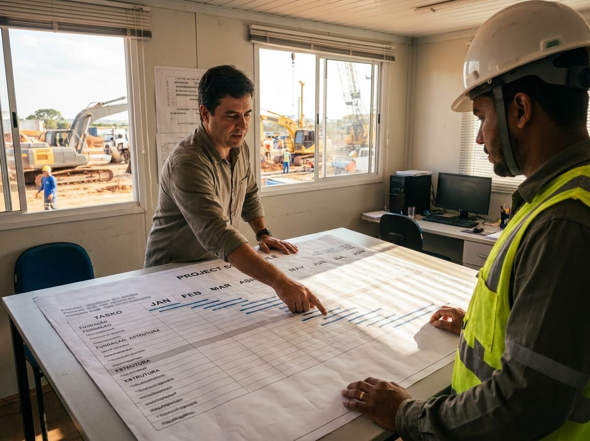 Consultor apresentando um cronograma impresso sobre a mesa a um engenheiro de capacete, com um canteiro de obra visível pela janela ao fundo.