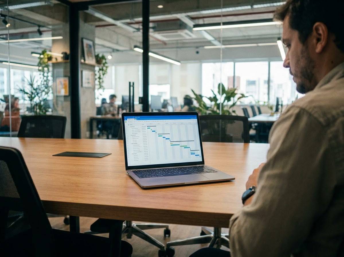 Consultor sentado com um notebook aberto exibindo um gráfico de Gantt, numa sala de reunião pequena com parede de vidro ao fundo.