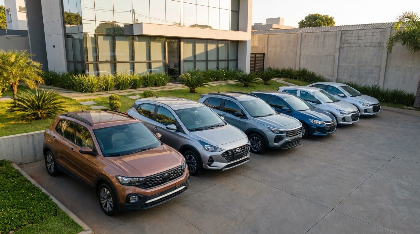 Fileira curta de carros seminovos alinhados no pátio da revenda, com a lataria brilhando sob o sol da tarde.