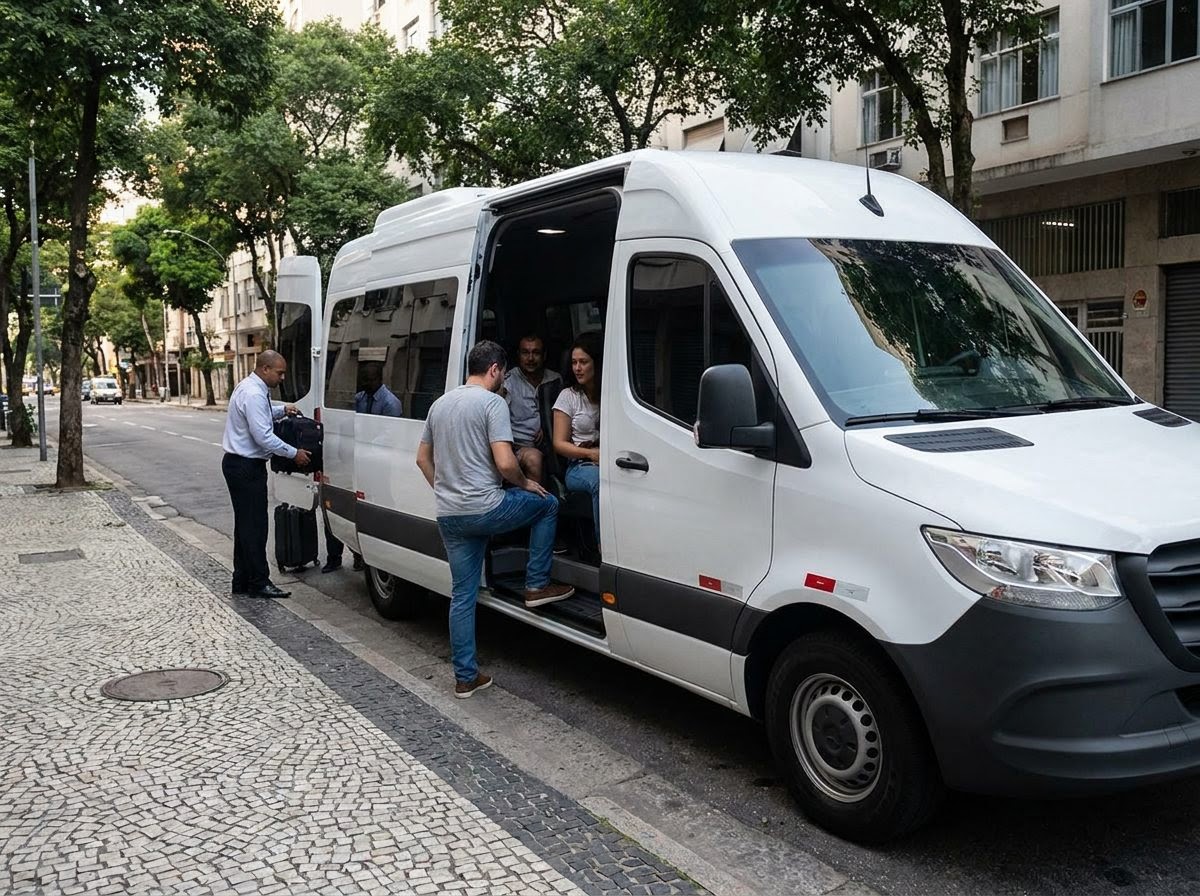 Passageiros embarcando em uma van branca junto à calçada enquanto o motorista acomoda as malas.