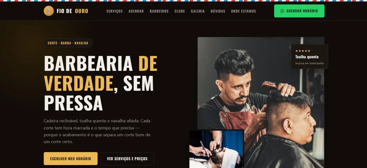 Site de barbearia feito pela Melhora Tech, com fotos, botão de agendamento e menu de serviços.